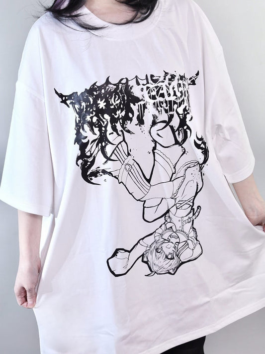 Kei T-shirt Girl Neck Cartoon Jirai Round White Print