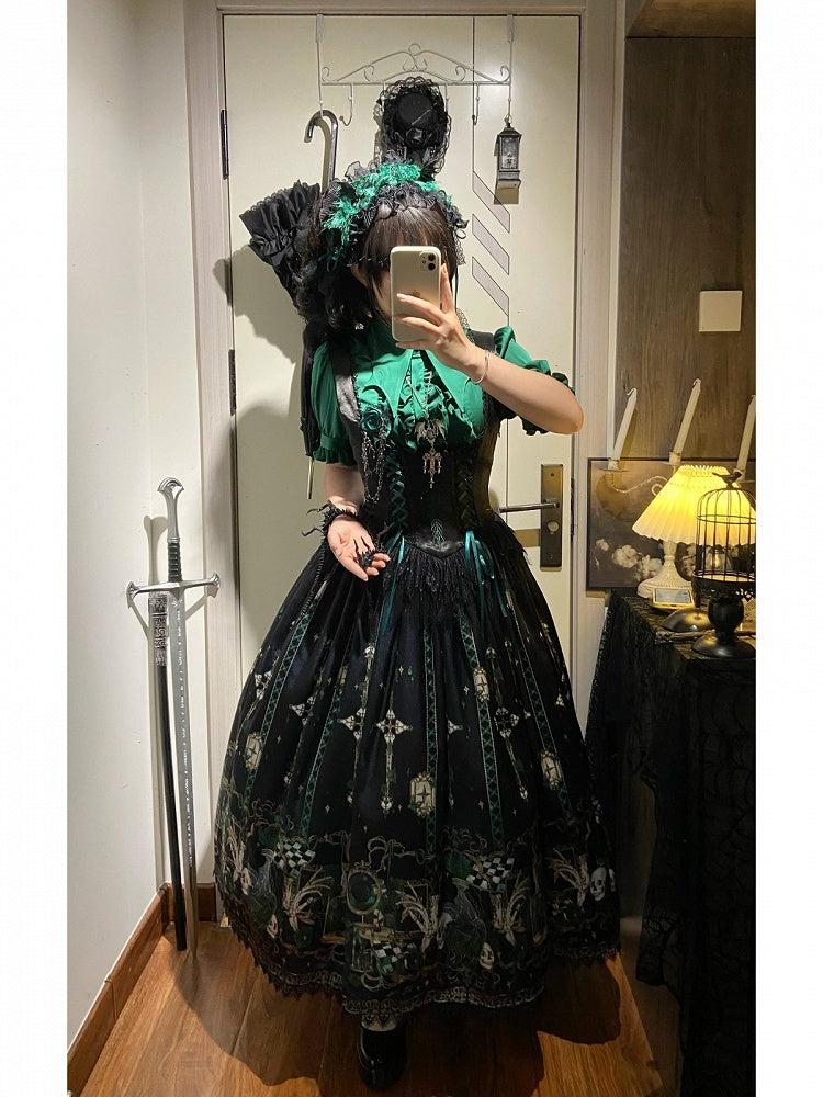 Green Rosette and Skull Print Gothic Lolita Corset Under Bust JSK Dress - Sweetheart Love Song