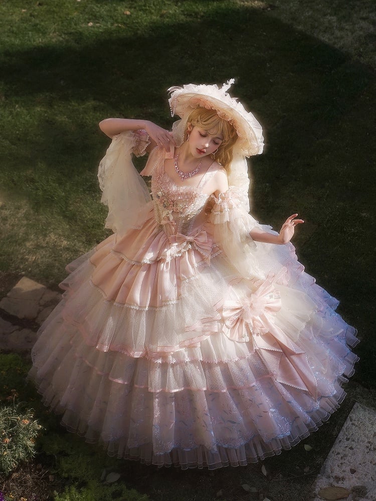Hanayome Pink Corset Waist Hime Lolita Floor Length Dress Long Version with Floral Embroidery Layered Hem | Lukemi