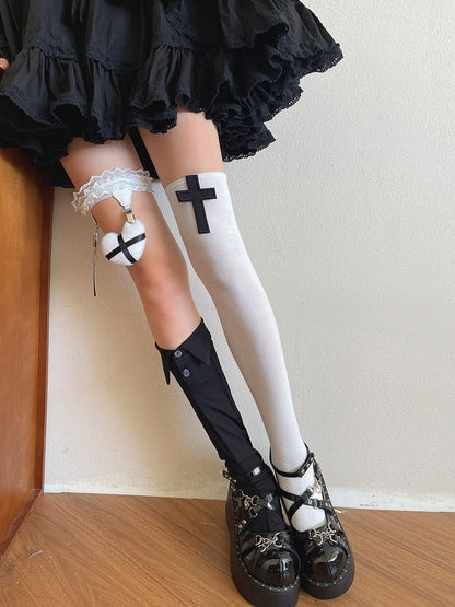 Knee Cross White Black Stockingswith Over Gothic Decoration