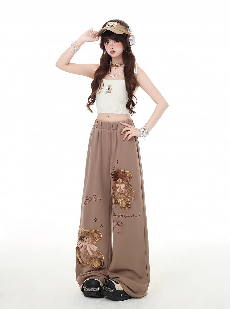 Kaffee/Graue Plüschhose mit Teddybär-Applikation und geradem Bein