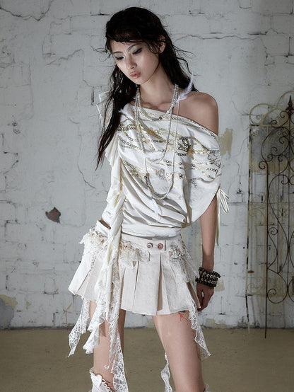Punk Gold Chain Print Apricot Top with Asymmetric Neckline - NO ROMANCE