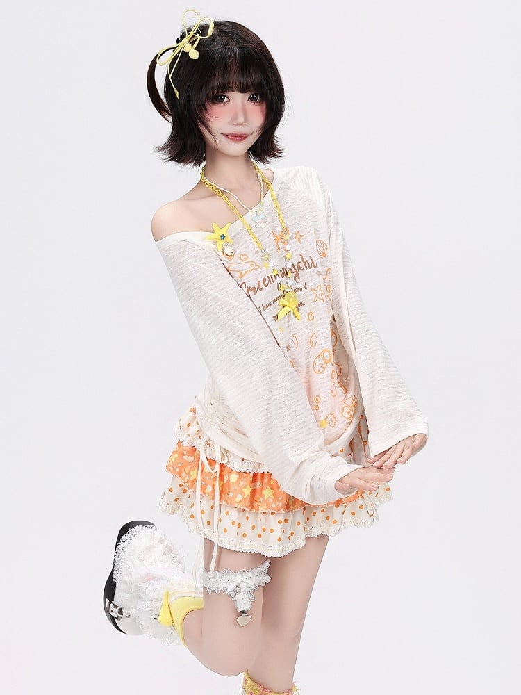 Breathable Apricot Cartoon Print Long-Sleeve Top - CRAZY GIRL