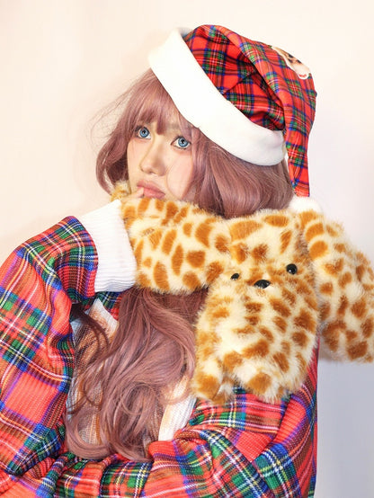 Plaid Puppy Hat Pattern Print Christmas Red