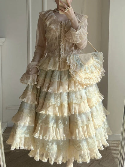 Details with Tulle Flower Multi-Layered Blue Lolita Beige Elegant Skirt Embroidery