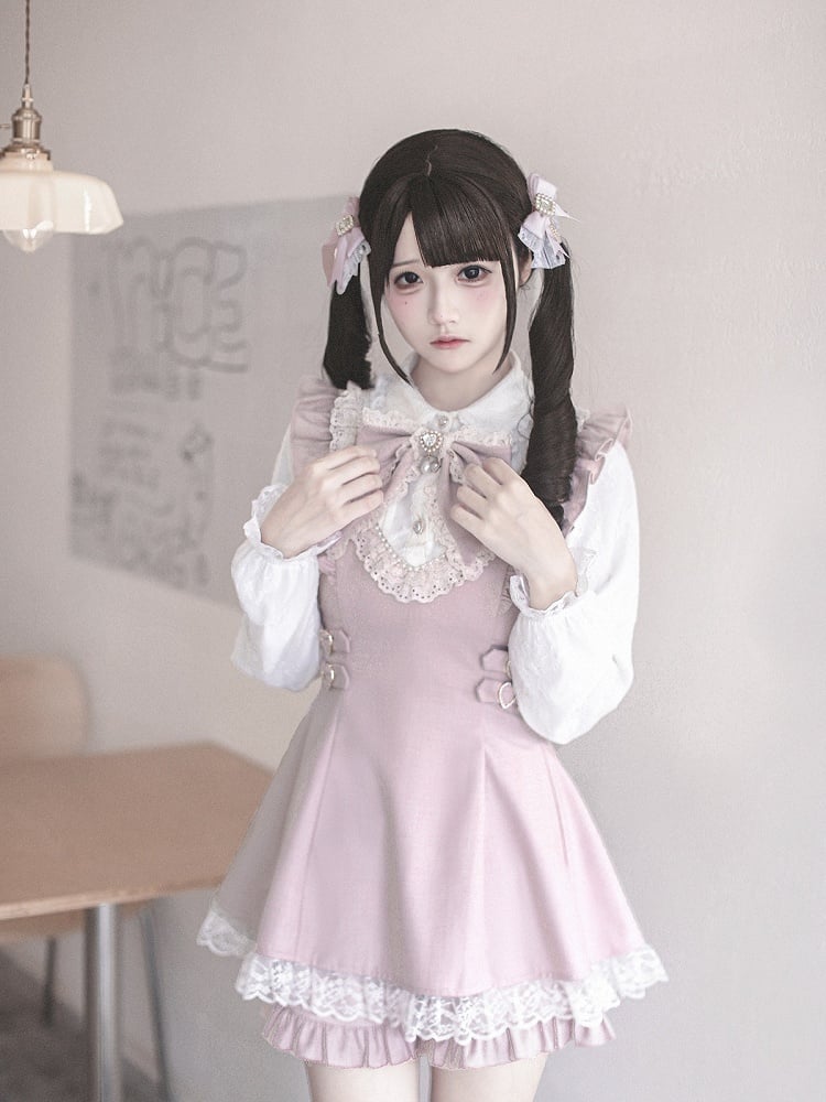 Ryousangata Pink Lace Long Sleeve Dress & Shorts Bow Set - Ekomi