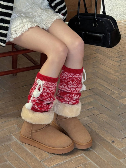 Tie Leg Pattern Warmers with Knit Nordic Pom-Pom