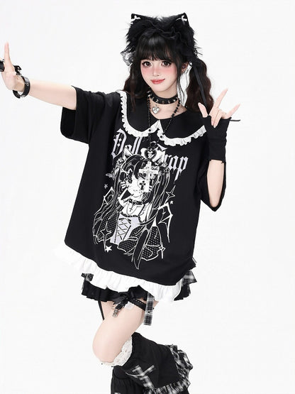 Anime Girl Print Black Peter Pan Collar Short Sleeve T-Shirt with Ruffle Hem - CRAZY GIRL