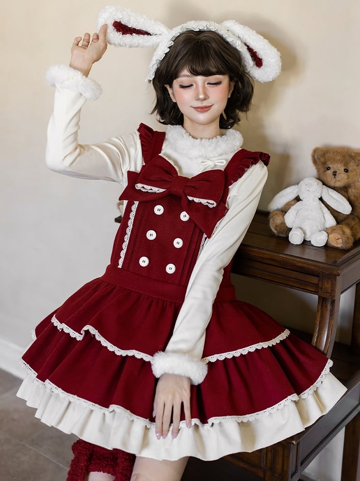 and Overall Sweet Lolita Bow Dress Straps Tiered Red Waist Dropped with Hem Ruffle
