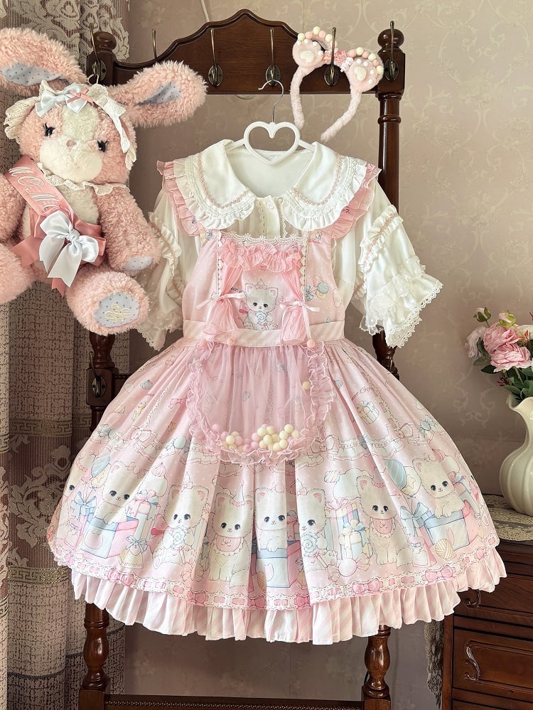 Pink Kitty and Polka Dots Pattern Sweet Lolita Overall Dress