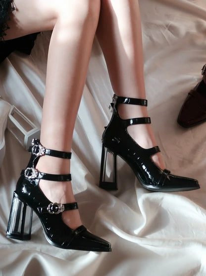 Polished Black Gothic Crocodile Buckle Straps High Block Heels