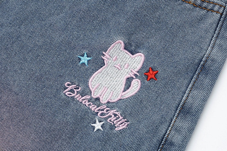 Daily Kawaii Light Blue Kitty & Star Embroidery Wide-Leg Cropped Jeans - Languid Park