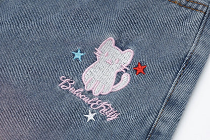Daily Kawaii Light Blue Kitty & Star Embroidery Wide-Leg Cropped Jeans - Languid Park
