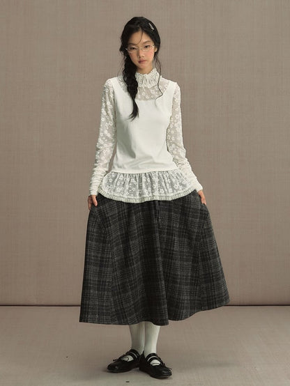 Gray Elastic Waist Tweed Plaid Tea Length Skirt