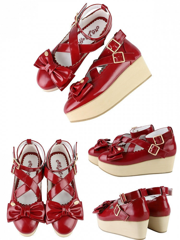 Grain PU Wood Mary at - Red with Janes Top Sole Bow Crisscross Sweet Straps Platform Lolita