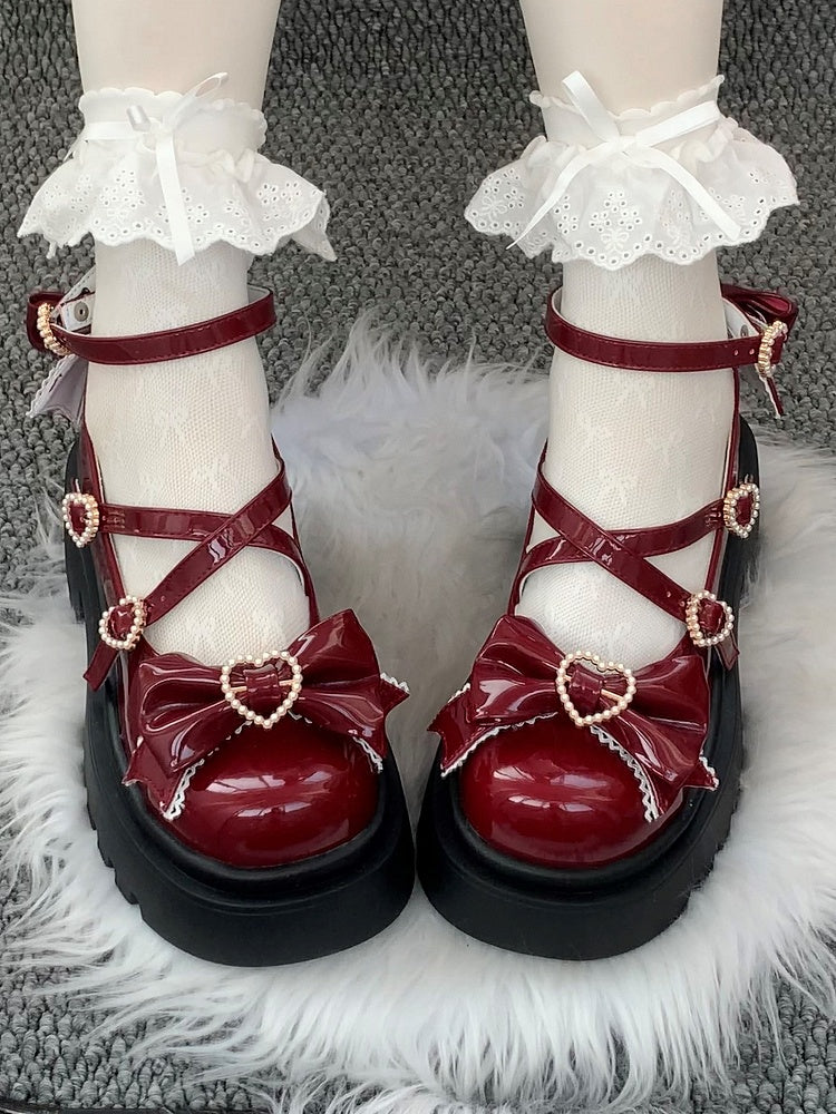 Sweet Jane PU Mary Wine Fastening Bow Red Snap Lolita Embellishments with Shoes Heart