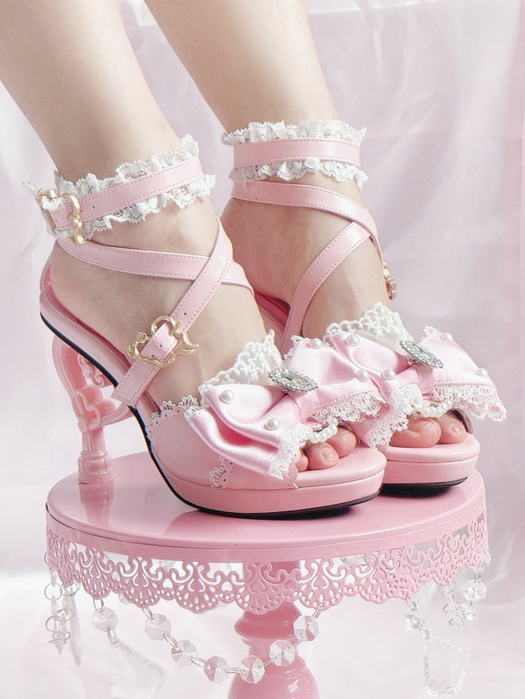 Top at Hime High Heels Gyaru Shoes Pink Magical Bow Heart-shaped Girl Sandals