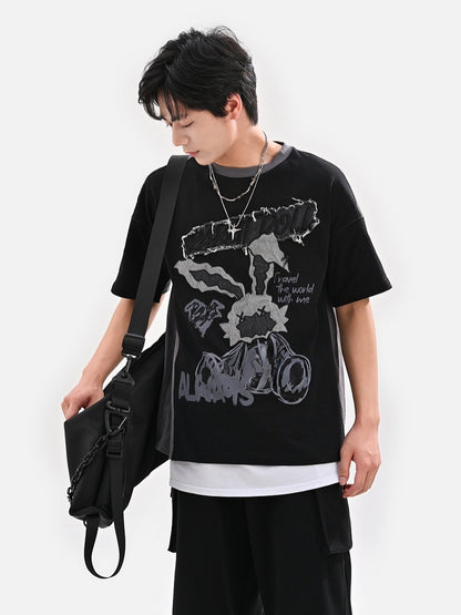 ビタースイートとTシャツのツーピース、フェイクブラックアップリケ、グレーのウサギ柄文字