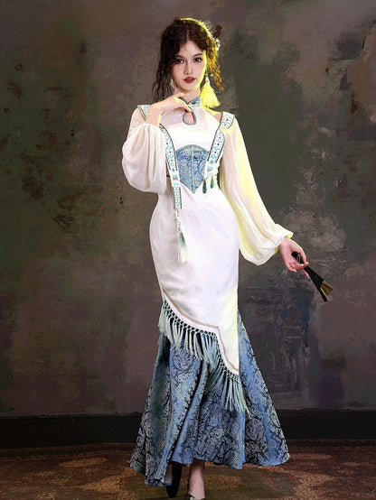 Elegant Blue & White Jacquard Long Cheongsam Gown with Cutout Accents - sijinstudio