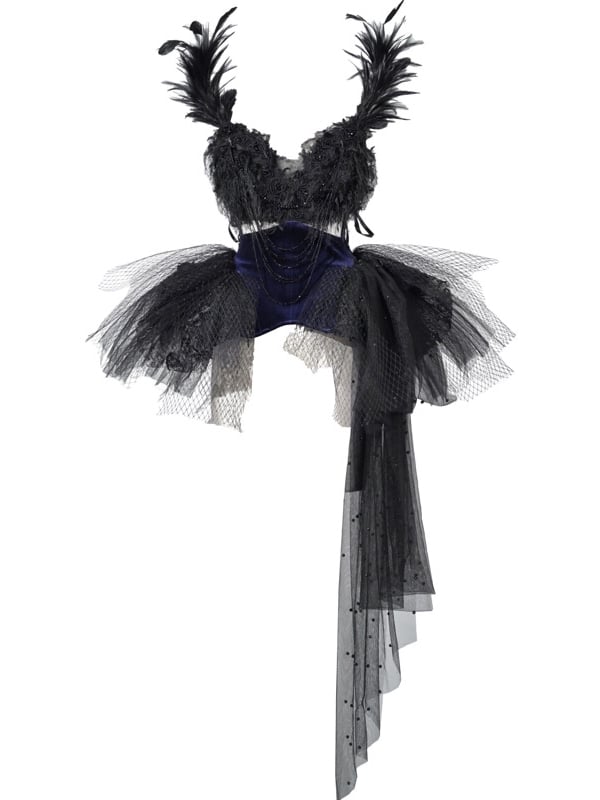 Feather-Adorned Black Dress Beaded Straps Ballet Purple and Goth Detachable Tulle Train with