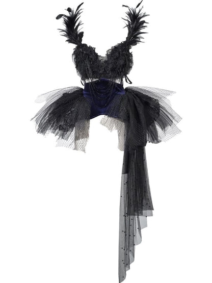 Feather-Adorned Black Dress Beaded Straps Ballet Purple and Goth Detachable Tulle Train with