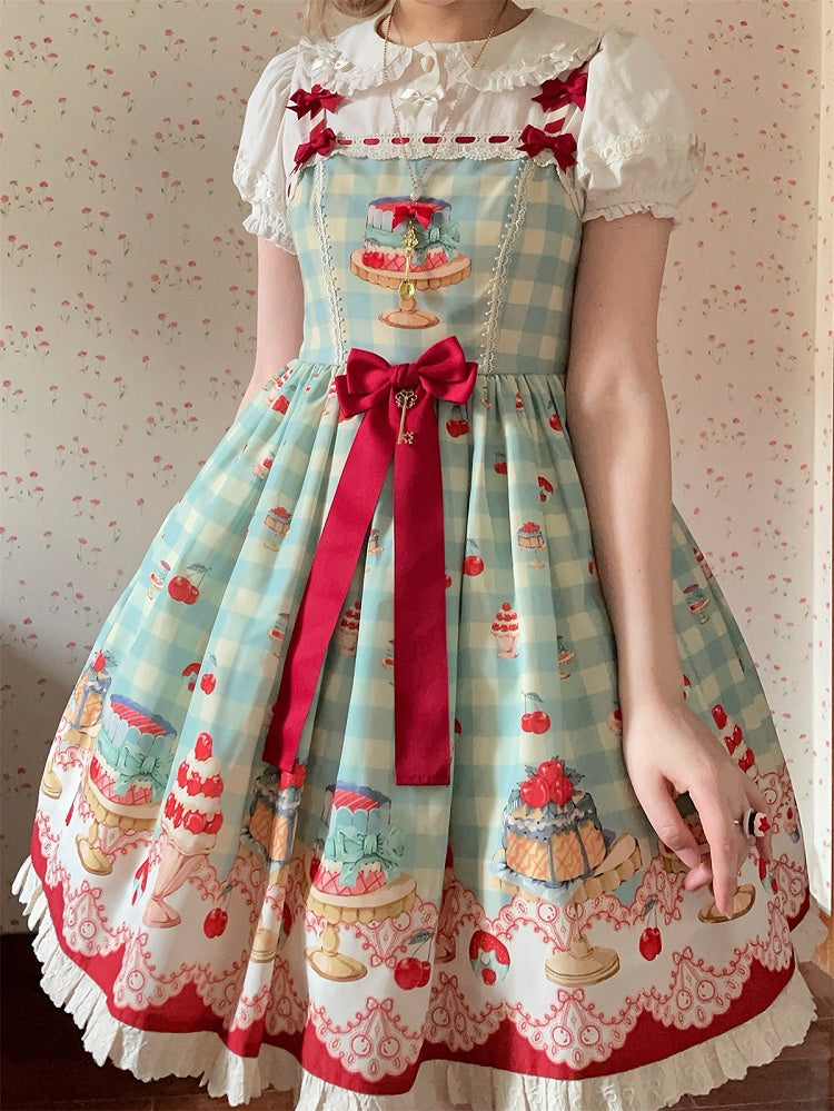 Mint Green Gingham Pattern Cherry and Dessert Sweet Lolita Jumper Skirt