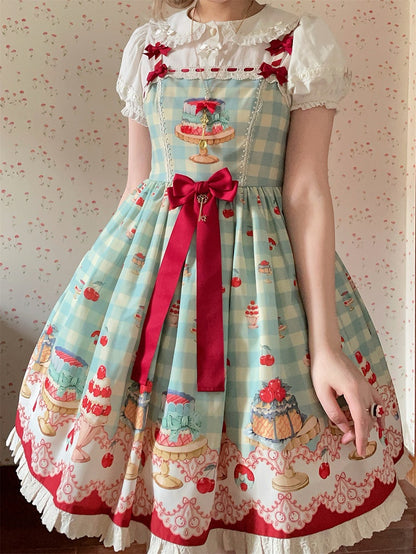 Mint Green Gingham Pattern Cherry and Dessert Sweet Lolita Jumper Skirt