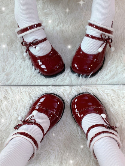 Lining Mary Bow - Sweet Pompom Lolita PU Plush with Wine Janes Mid-heel Accented Red