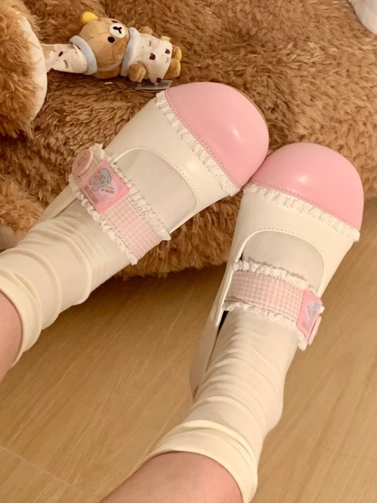 Strap Closures Plaid Lolita Flats White Toe Lace - Pink Trim Sweet Round Velcro