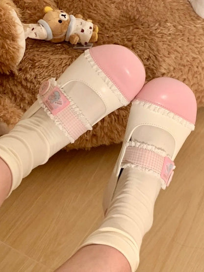 Strap Closures Plaid Lolita Flats White Toe Lace - Pink Trim Sweet Round Velcro
