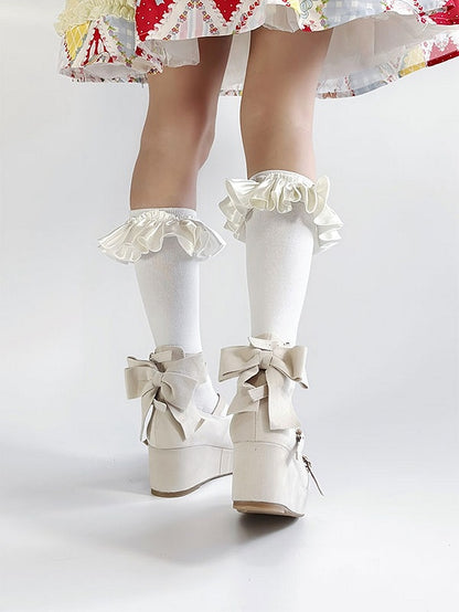 Platforms Crisscross Velvet Toe Round Sweet Bow Design - Wedge Beige Lolita Accent