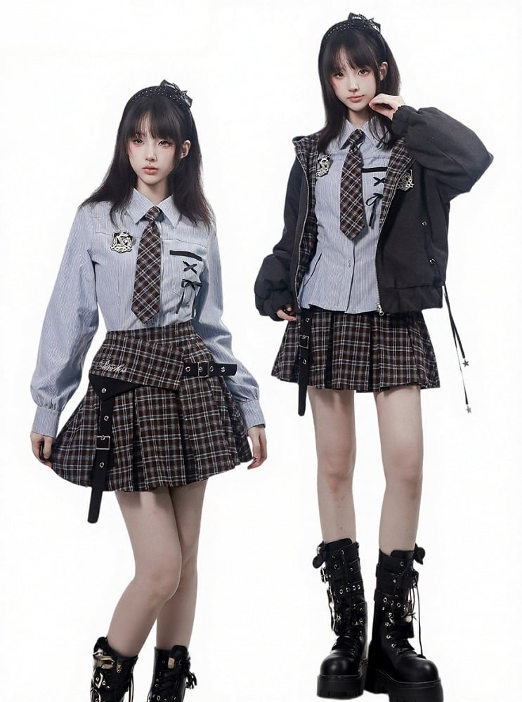 Preppy Kawaii Reversible Dark Gray Plaid Hooded Jacket - PINK SAVIOR