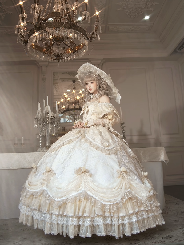 Ruffles Gown Lolita and Version Details Off-Shoulder Hime Hanayome Layered Bow with Champagne Long Lace