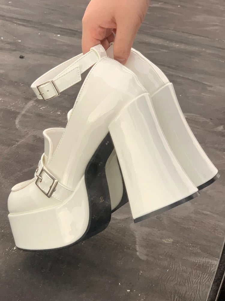 Chunky Heel Y2K White Shoes - Platform Sole with Ornate Buckles & Removable Ankle Harness