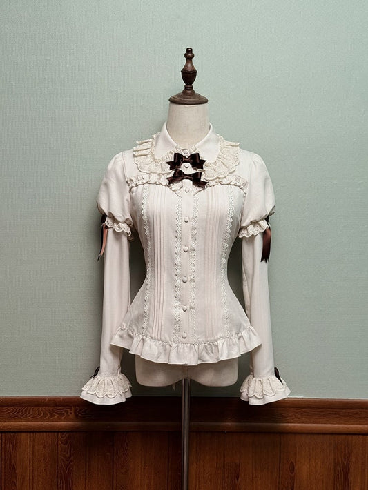 Blouse and Brown Accents Sleeves with Lace Juliette Lolita Beige Bow Trim