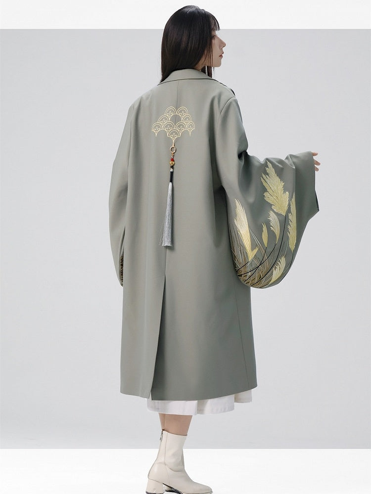 Han-inspired with Green Unisex Coat Pleating Details