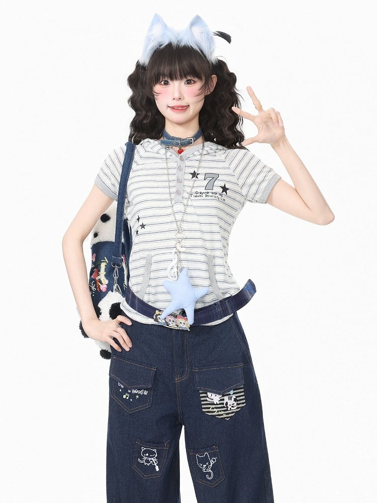 Gray Striped Short Sleeve Hoodie with Kitty Ears - Languid Park