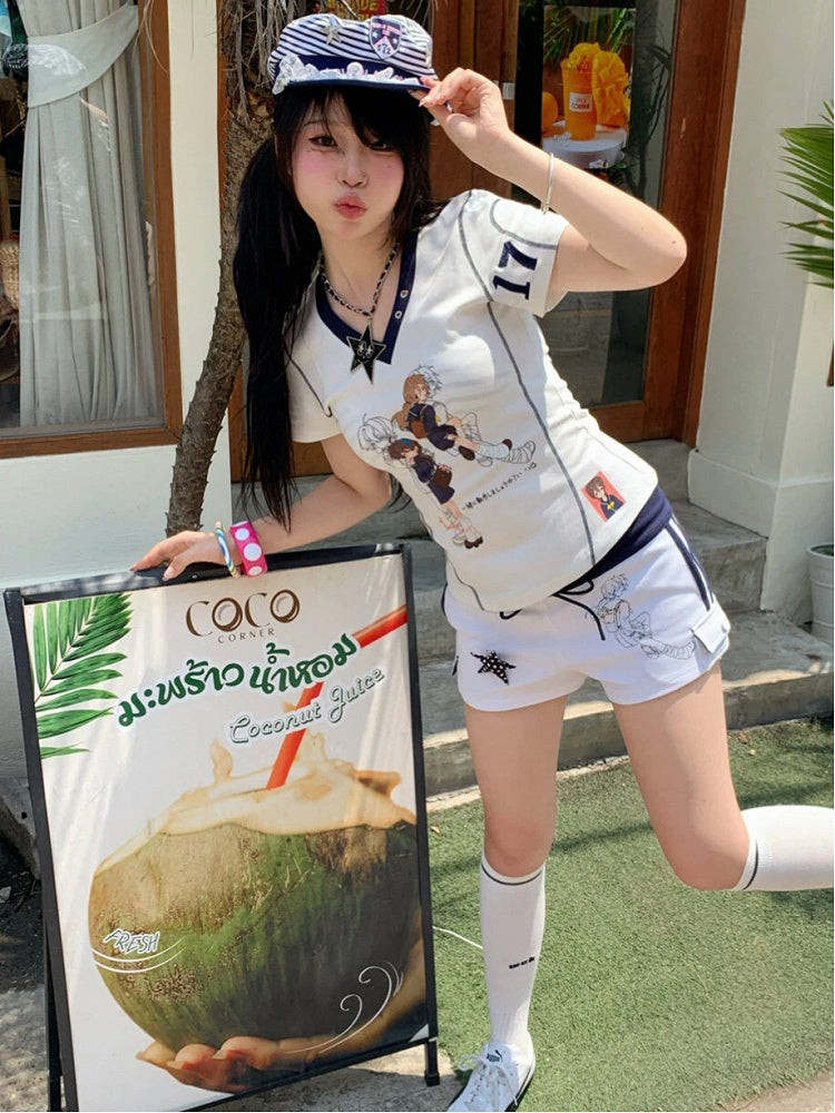 Print White T-Shirt Stripe Details Character with and