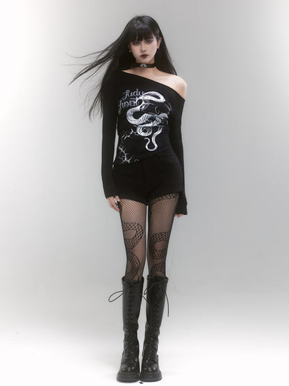 Black Asymmetrical Neckline Snake Slim-fitting Top