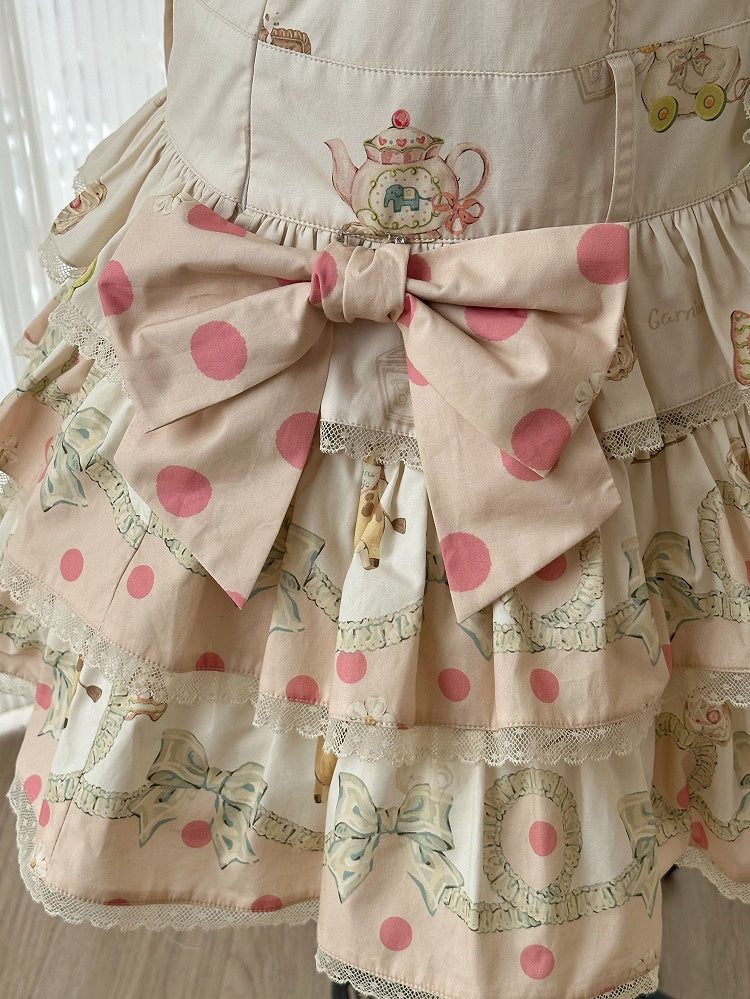 Print Dress Sweet with Waist Tiered Dropped Toys Hood Ears Skirt Bear Lolita Overall