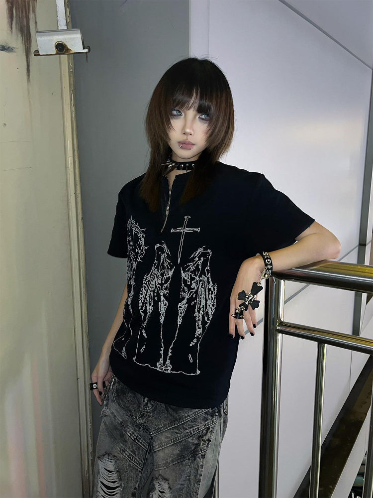 Alt Religious Fashion Black Figure with Print T-Shirt Cross