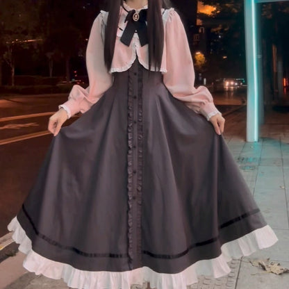 Grau-rosa Fake-Zweiteilerkleid mit Rüschenausschnitt