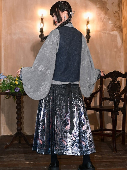 Chinese Vest Neck - Buttons Style Square Beaded Goldfish Navy Embroidery with Blue