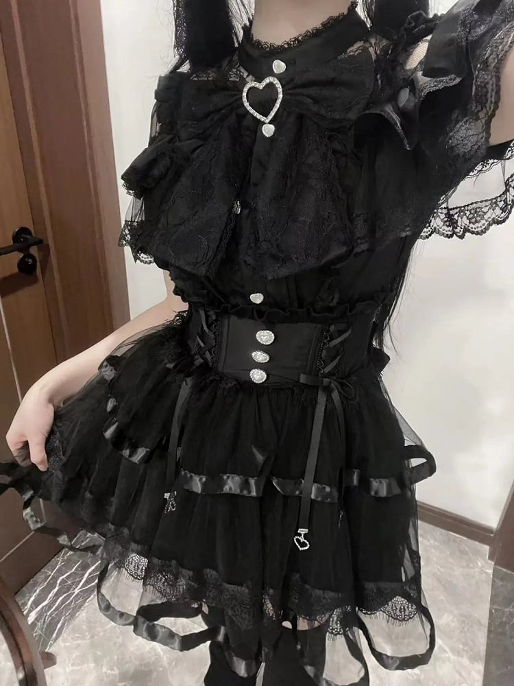 Big Ruffles Black/White Illusion Neckline Tiered Heart Buttons Short Jirai Kei Bow Sleeves Blouse with