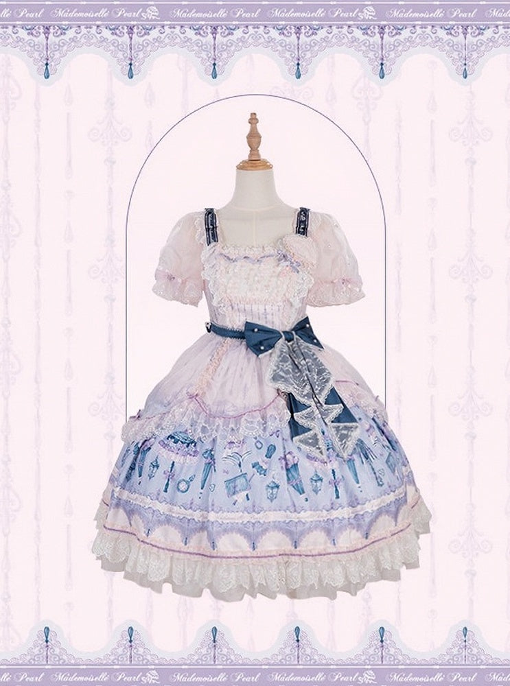 Romantic Floral Puff-Sleeve Dress with Lace, Pearl & Overlay - Mademoiselle Pearl