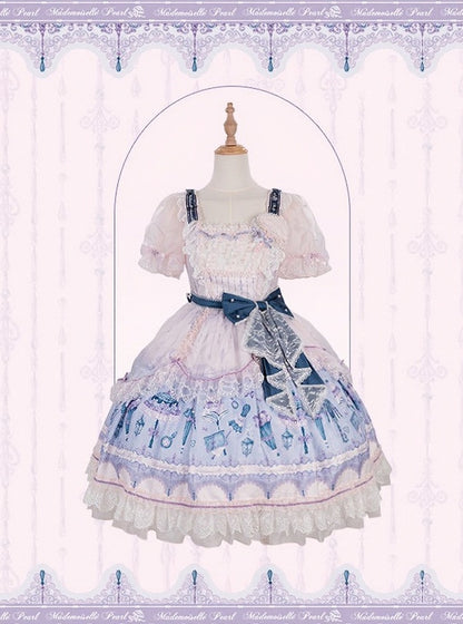 Romantic Floral Puff-Sleeve Dress with Lace, Pearl & Overlay - Mademoiselle Pearl
