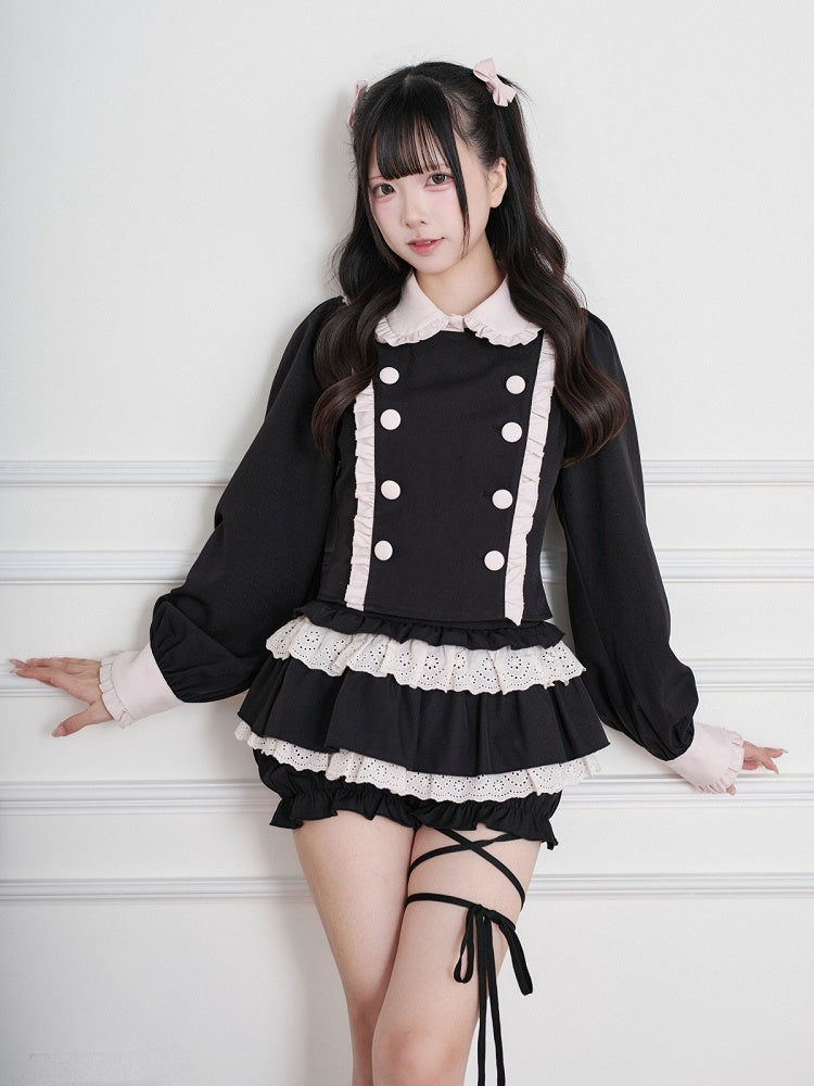 Black & Pink Jirai-Kei Peter Pan Collar Long-Sleeve Top, Double-Breasted & Ruffled - No Genki