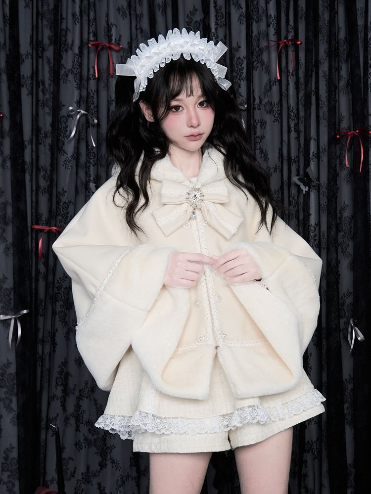 取り外し可能なジライケイぬいぐるみトリムミルクフード付きケープ、大きなリボン付きホワイト