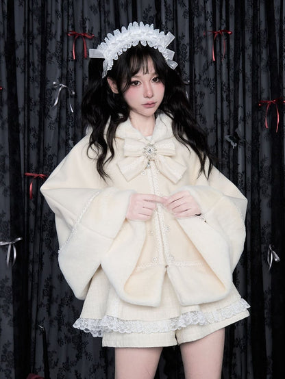 取り外し可能なジライケイぬいぐるみトリムミルクフード付きケープ、大きなリボン付きホワイト