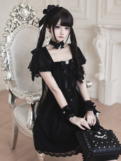 Gothic Square Neck Dress with Bow Accents - Ekomi